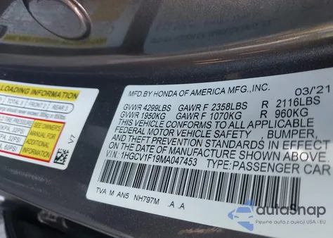 2021 Honda Accord Lx z USA, uszkodzony, nr VIN 1HGCV1F19MA047453